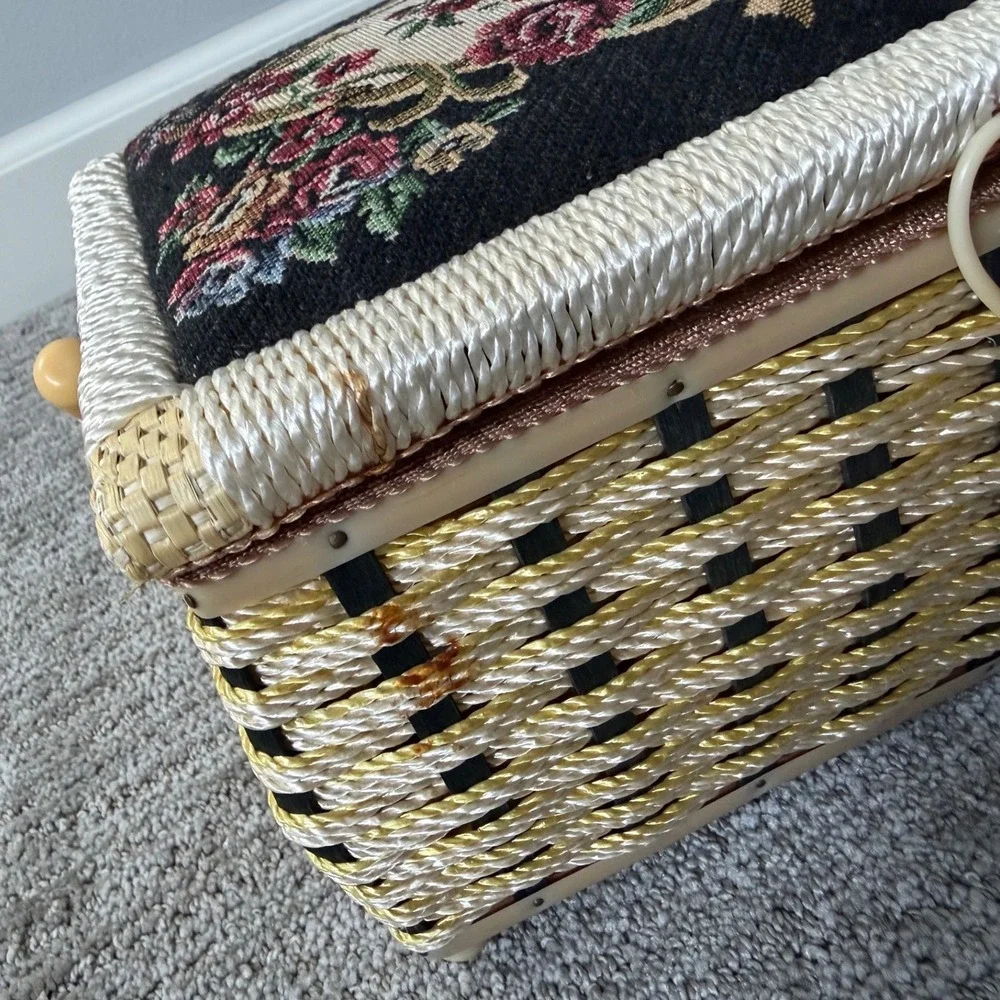 Vintage Wicker Sewing Basket Floral Tapestry Padded Lid Woven Craft Box Gold